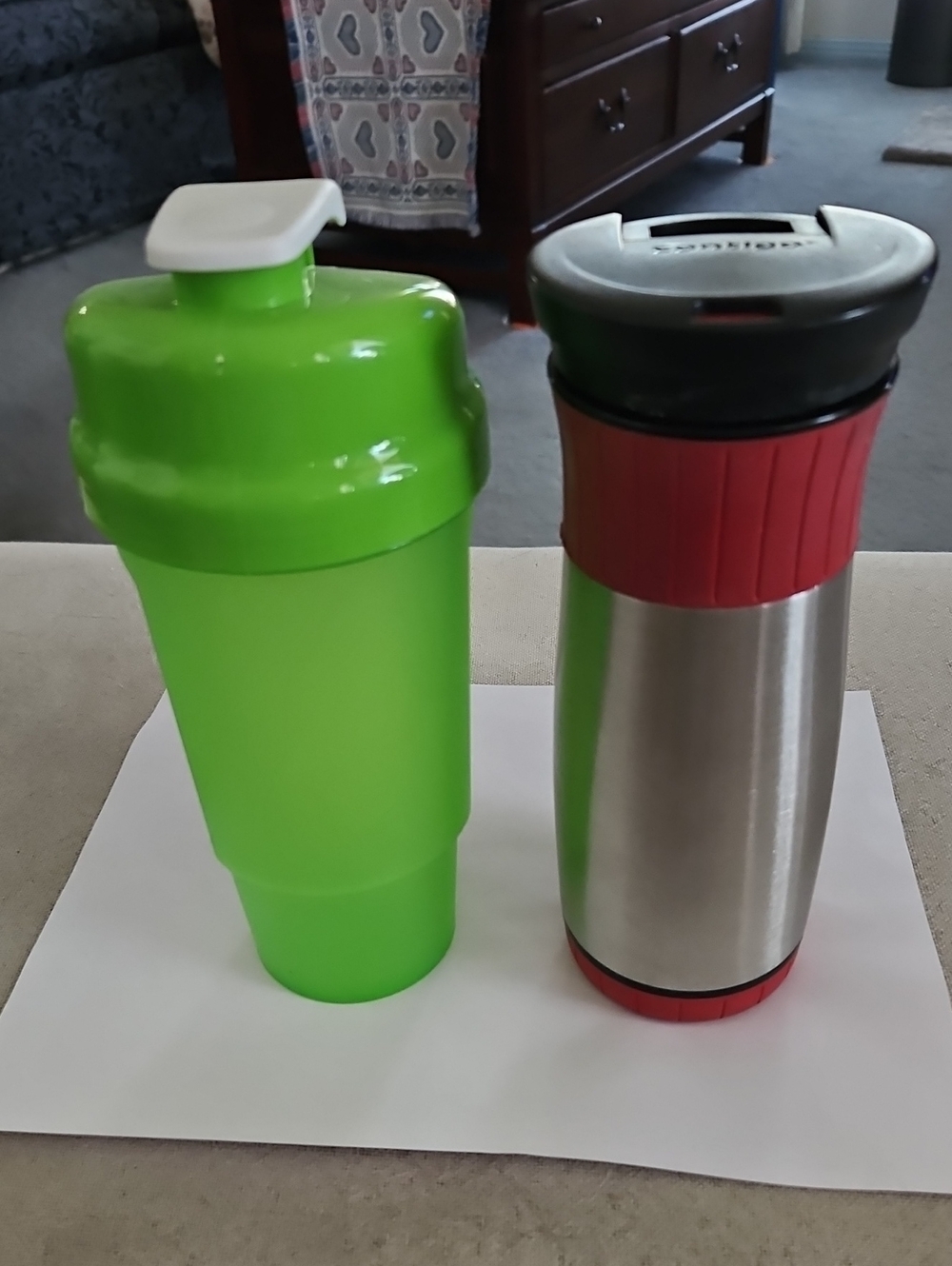 Contigo Stainless Travel Mug with Red Grip and Green Plastic Shaker Bottle Set